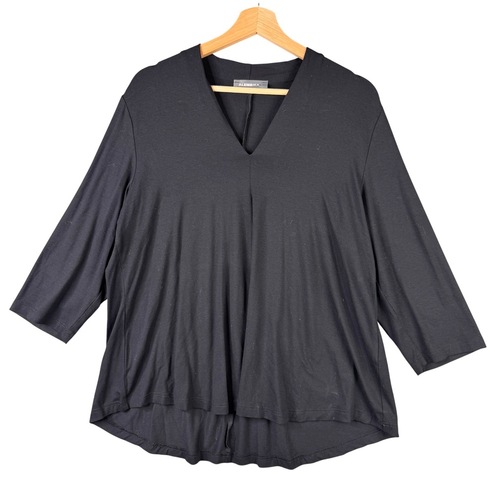 Alembika Black V-Neck 3/4 Sleeve Lagenlook Tunic Top Size 5 Israeli Fashion